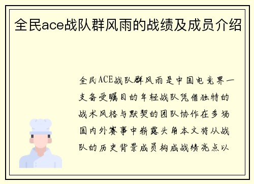 全民ace战队群风雨的战绩及成员介绍